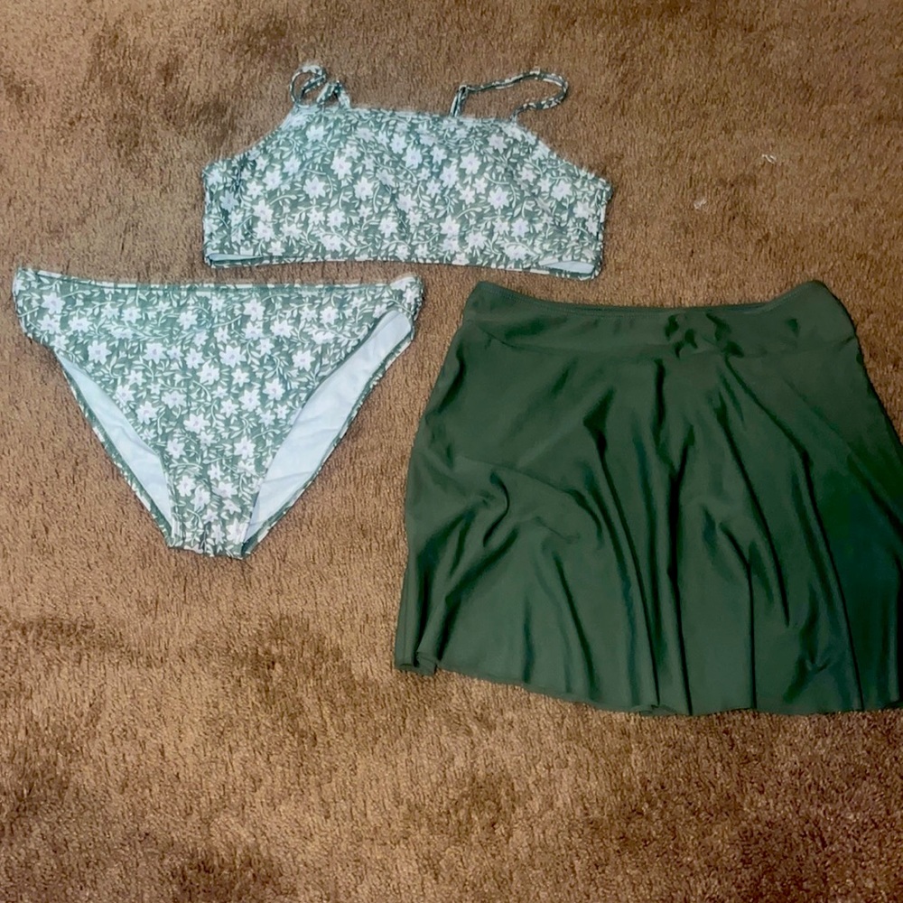 Green floral swim suit with swim skirt